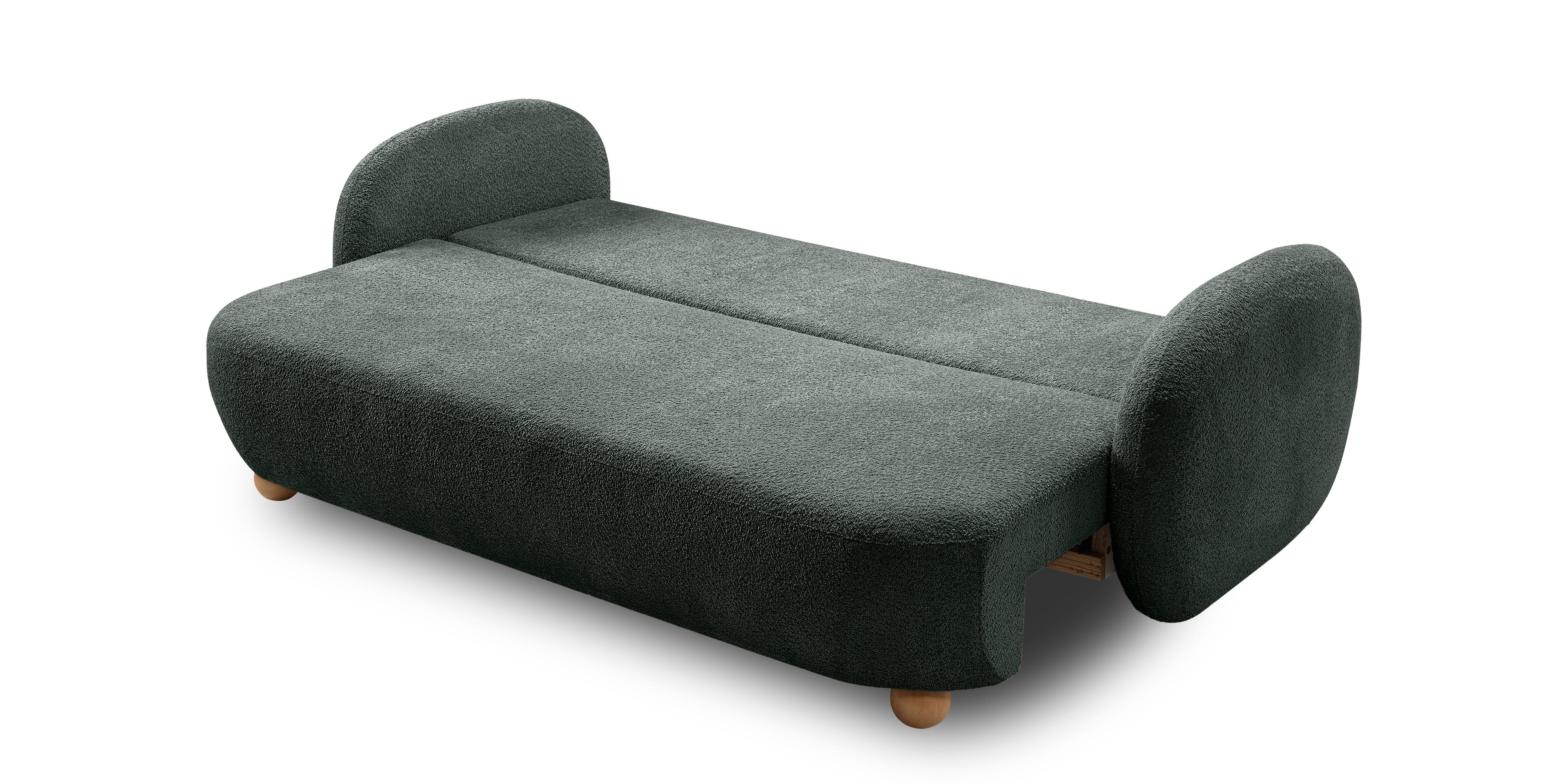 Sofa rozkładana Formosa z pojemnikiem, ciemnozielona, boucle, nóżki kulki