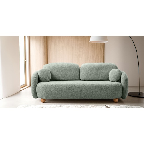 Sofa rozkładana Formosa z pojemnikiem, szałwiowa, boucle, nóżki kulki