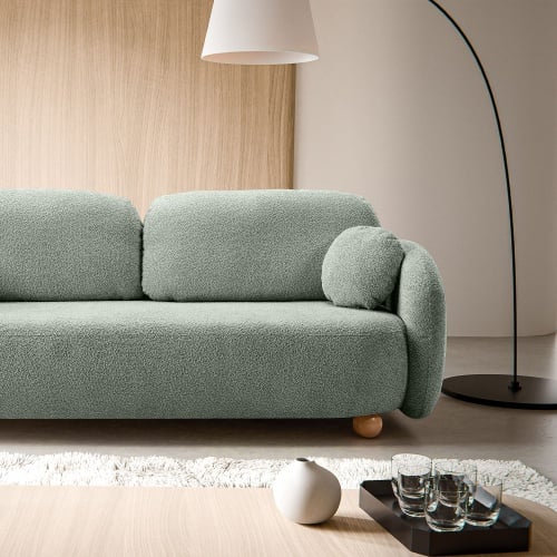 Sofa rozkładana Formosa z pojemnikiem, szałwiowa, boucle, nóżki kulki