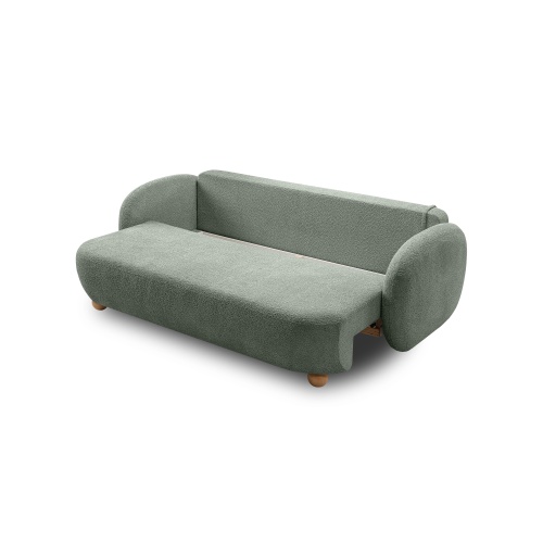 Sofa rozkładana Formosa z pojemnikiem, szałwiowa, boucle, nóżki kulki