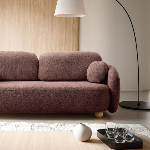 Sofa rozkładana Formosa z pojemnikiem, terakota, boucle, nóżki kulki