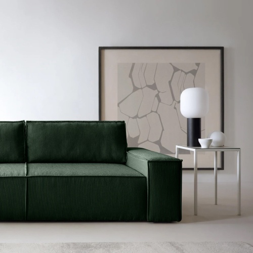 Sofa rozkładana Hustle z pojemnikiem, ciemnozielona, sztruks