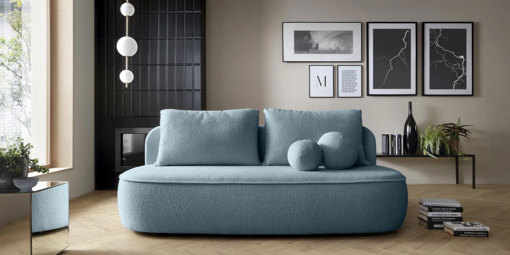 Sofa z funkcją spania i pojemnikiem Bella niebieska, boucle
