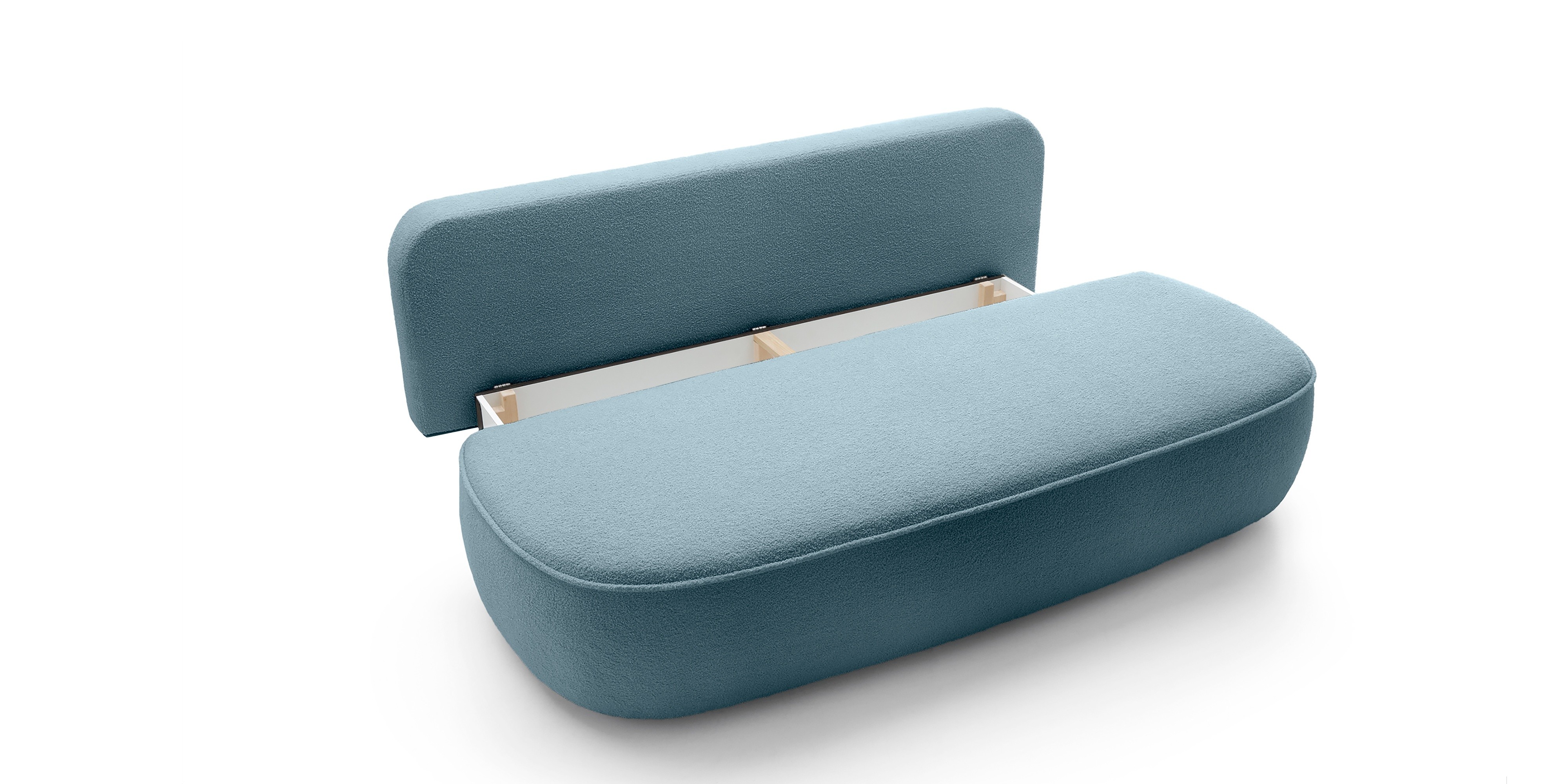 Sofa z funkcją spania i pojemnikiem Bella niebieska, boucle