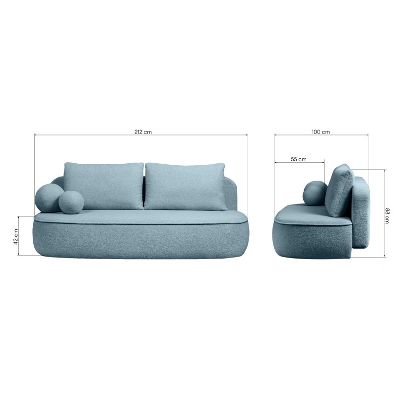 Sofa z funkcją spania i pojemnikiem Bella niebieska, boucle