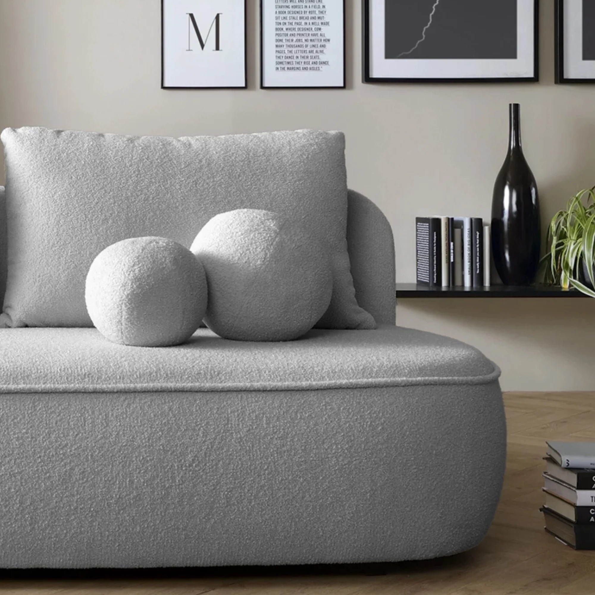 Sofa z funkcją spania i pojemnikiem Bella jasnoszara, boucle