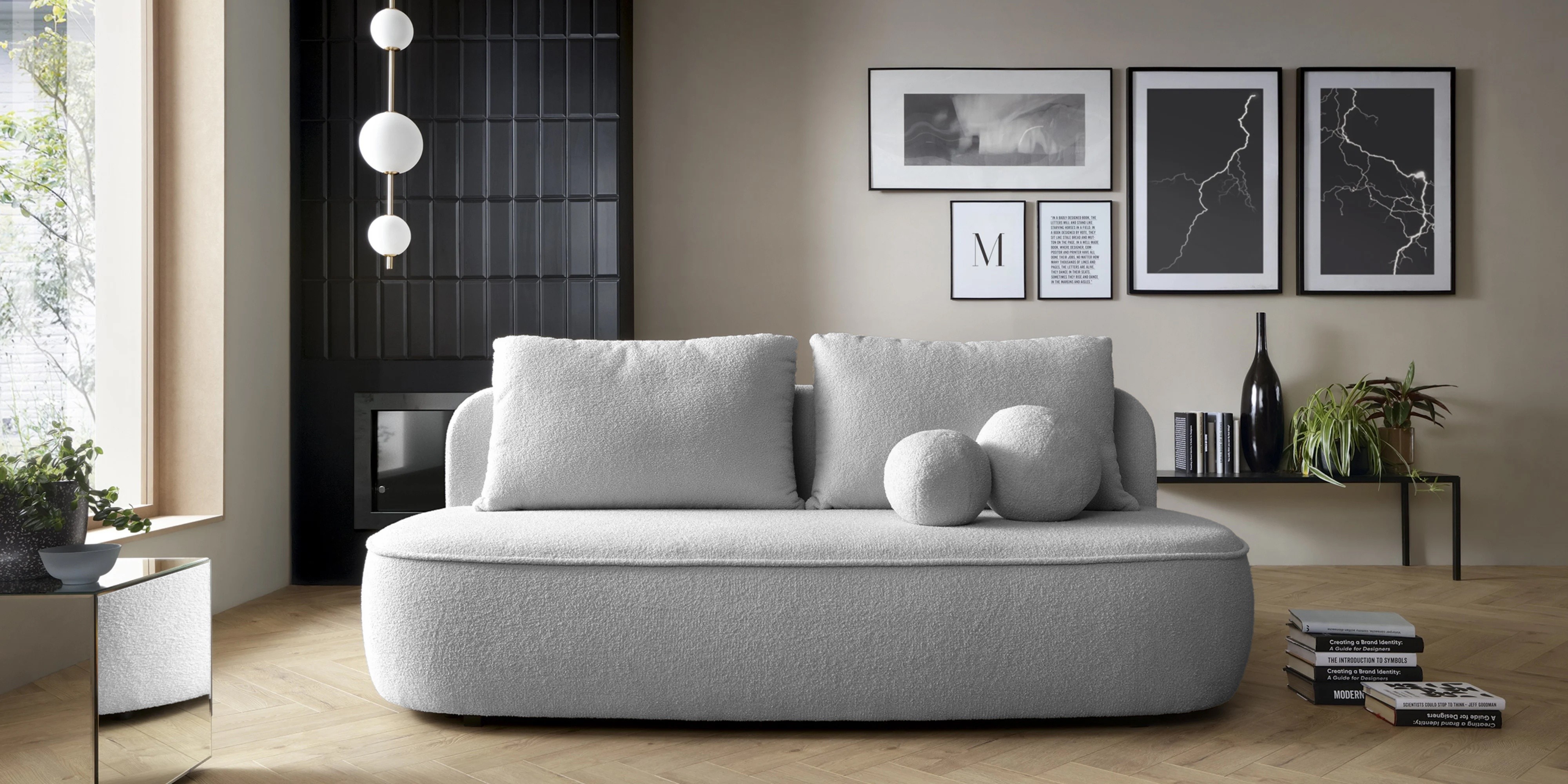 Sofa z funkcją spania i pojemnikiem Bella jasnoszara, boucle