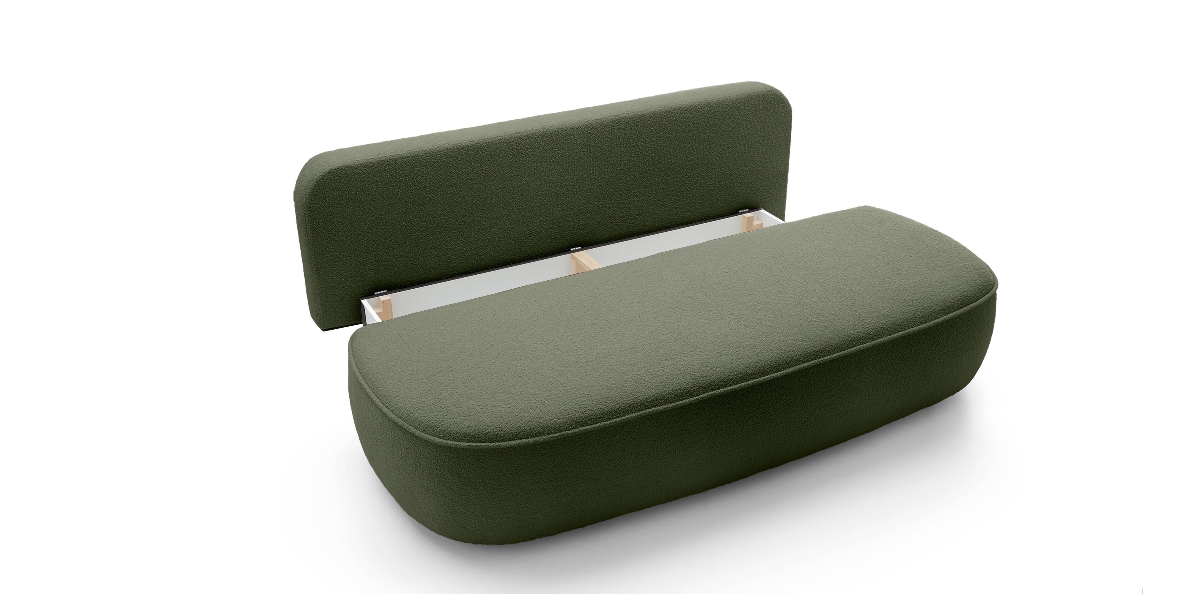 Sofa z funkcją spania i pojemnikiem Bella ciemnozielona, boucle