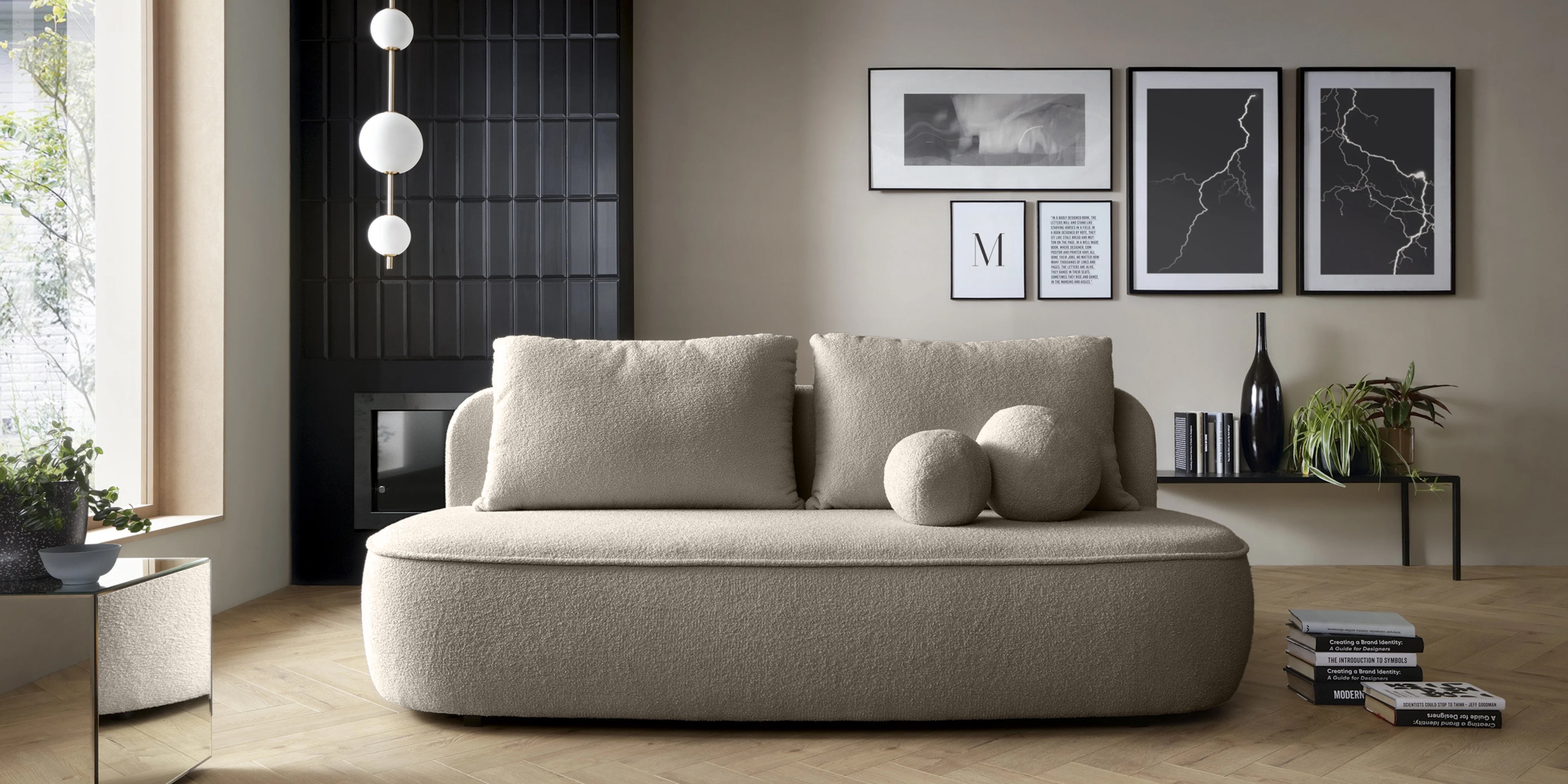 Sofa z funkcją spania i pojemnikiem Bella brązowoszara, boucle
