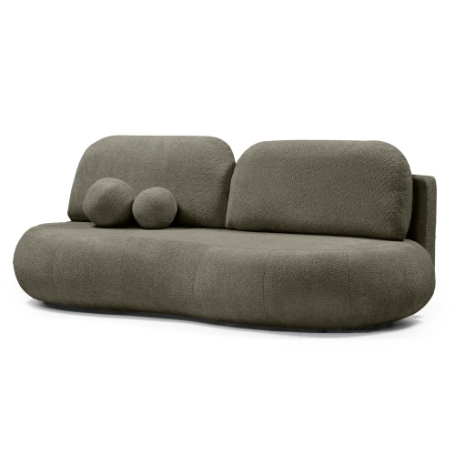 Sofa z funkcją spania i pojemnikiem Dolce, oliwkowozielona, boucle, obłe kształty