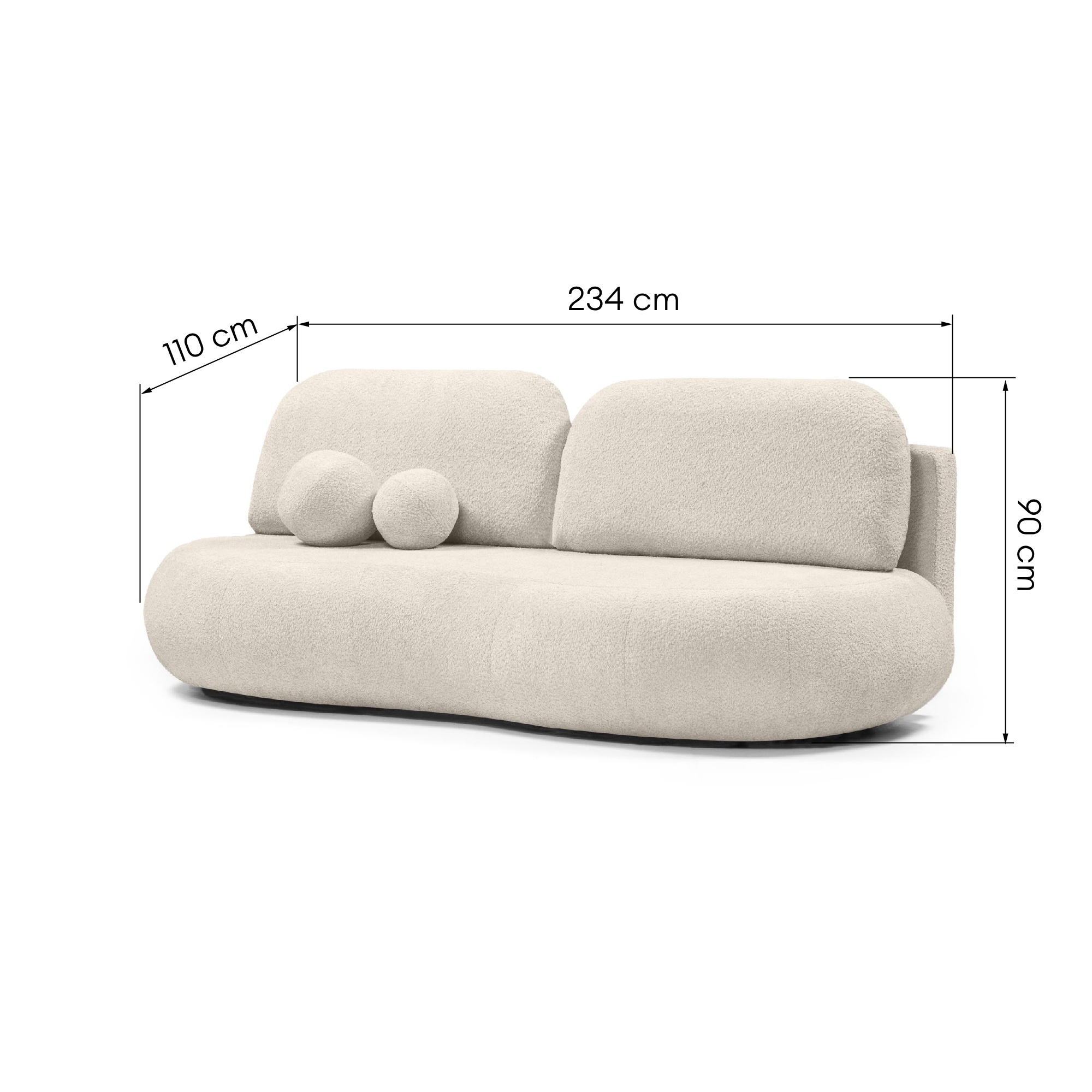 Sofa z funkcją spania i pojemnikiem Dolce, kremowa, boucle, obłe kształty