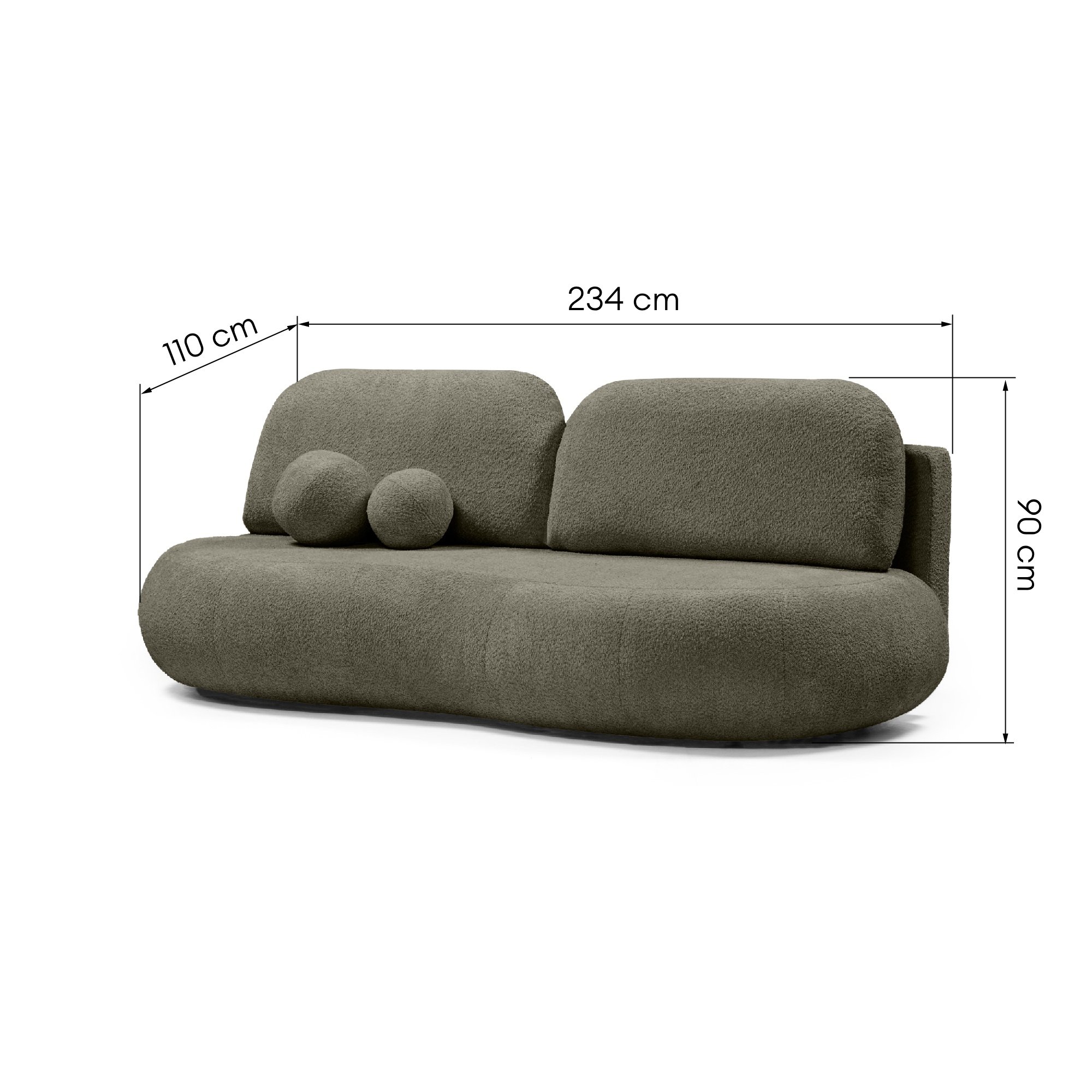 Sofa z funkcją spania i pojemnikiem Dolce, oliwkowozielona, boucle, obłe kształty