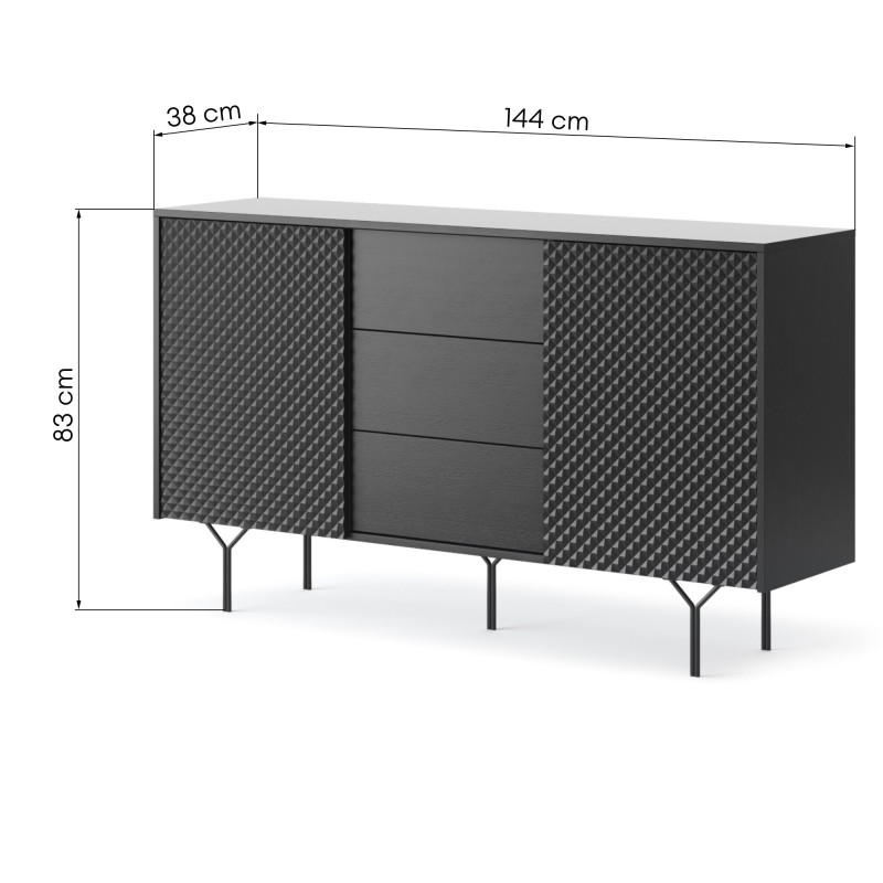 Komoda dwudrzwiowa z szufladami Raven frezowany front 3D, czarny grafit