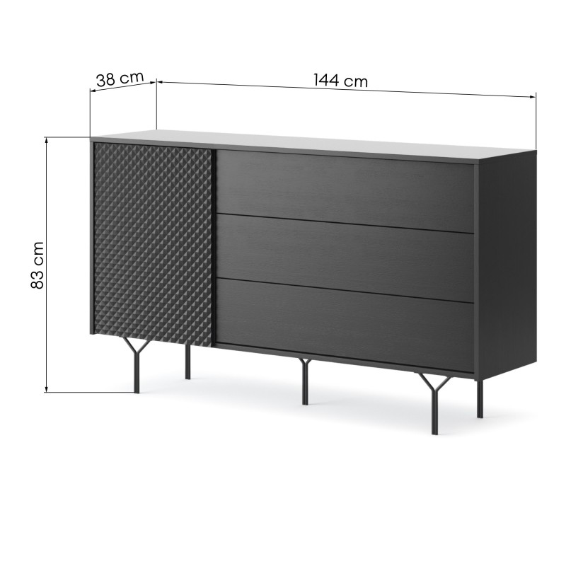 Komoda jednodrzwiowa z szufladami Raven frezowany front 3D, czarny grafit