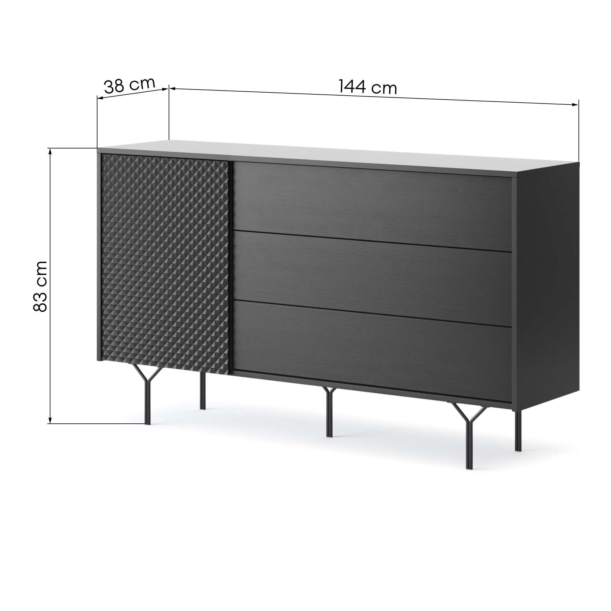 Komoda jednodrzwiowa z szufladami Raven frezowany front 3D, czarny grafit
