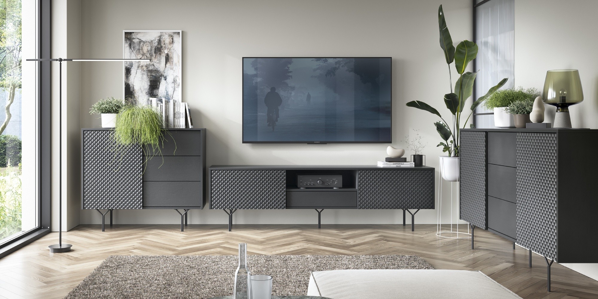 Komoda z szufladami Raven frezowany front 3D, czarny grafit