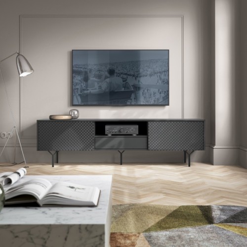 Szafka RTV Raven frezowany front 3D, czarny grafit