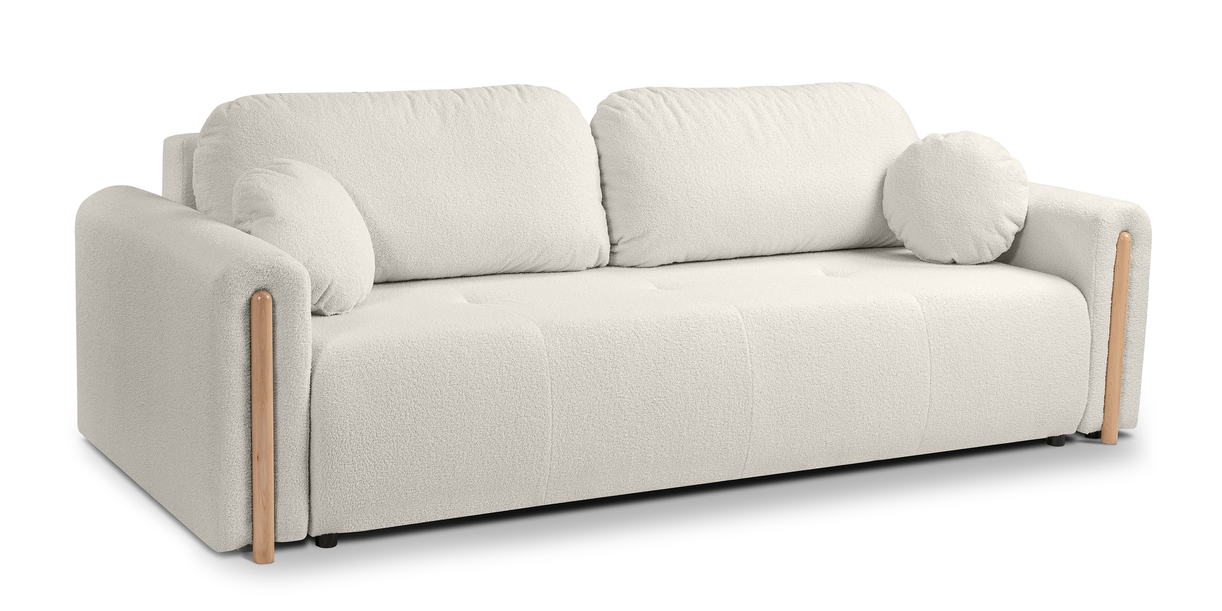 Sofa rozkładana Trenza z pojemnikiem, zaokrąglona, jasnobeżowa, boucle