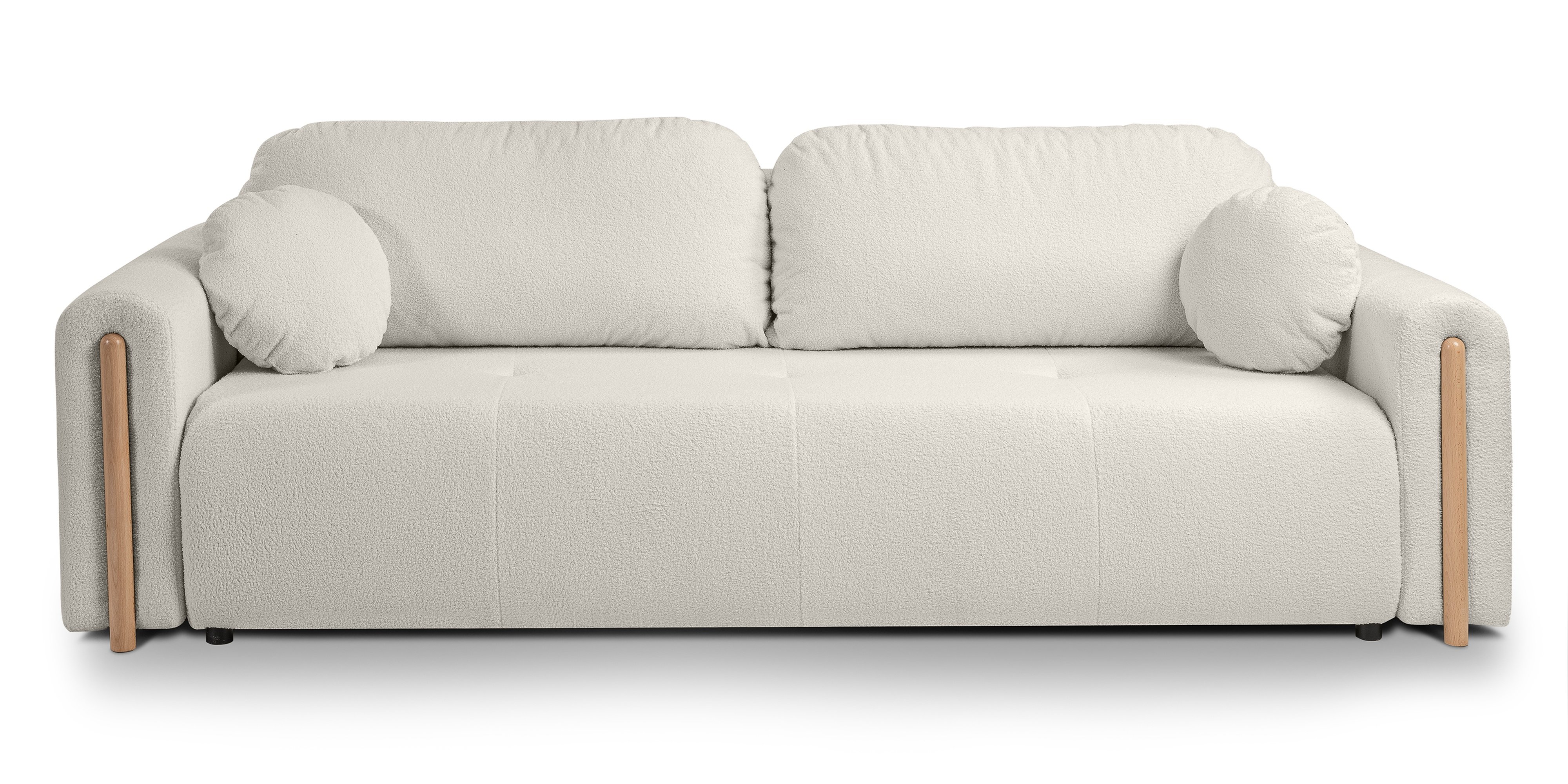 Sofa rozkładana Trenza z pojemnikiem, zaokrąglona, jasnobeżowa, boucle