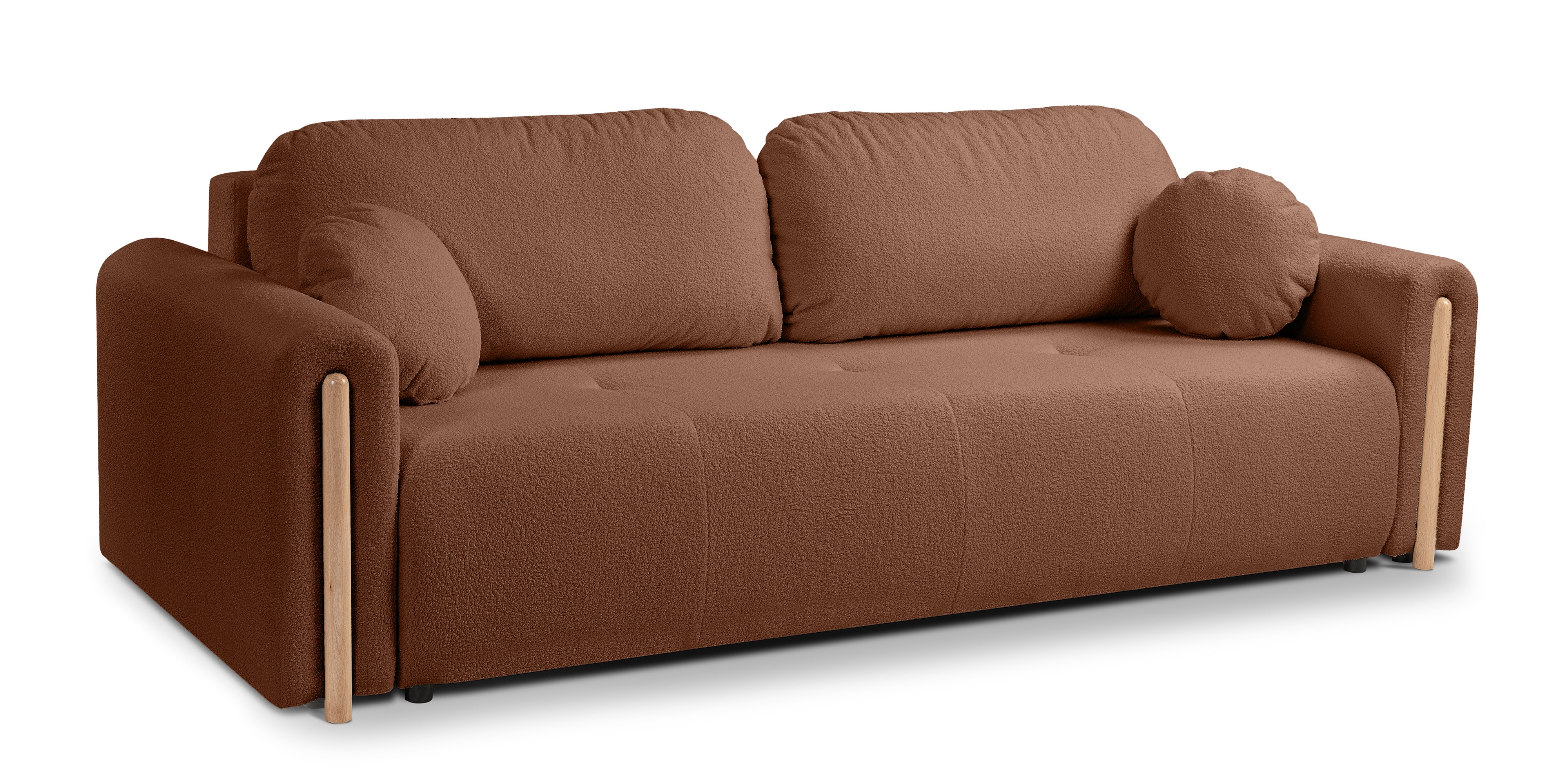 Sofa rozkładana Trenza z pojemnikiem, zaokrąglona, miedziana, boucle