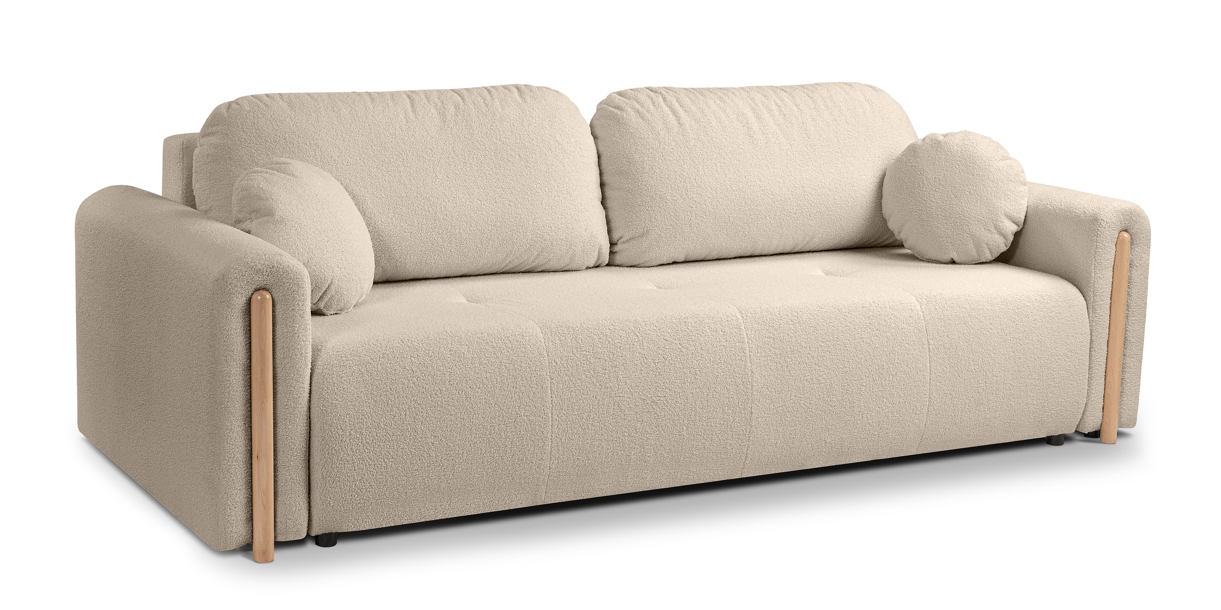 Sofa rozkładana Trenza z pojemnikiem, zaokrąglona, beżowa, boucle