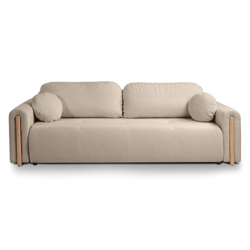 Sofa rozkładana Trenza z pojemnikiem, zaokrąglona, beżowa, boucle