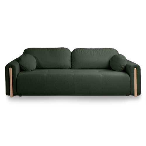 Sofa rozkładana Trenza z pojemnikiem, zaokrąglona, ciemnozielona, boucle