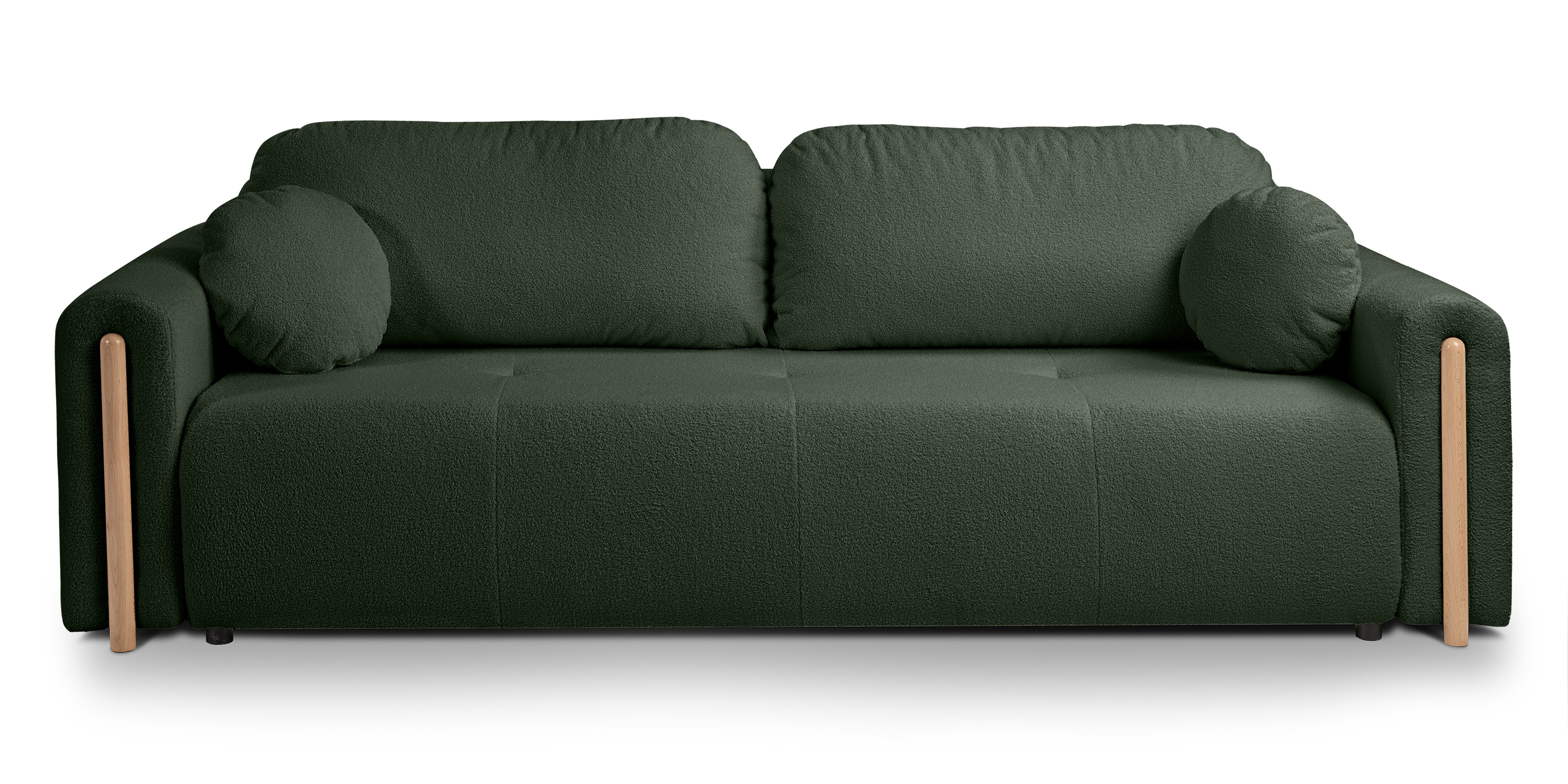 Sofa rozkładana Trenza z pojemnikiem, zaokrąglona, ciemnozielona, boucle