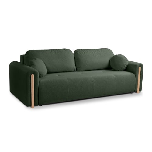 Sofa rozkładana Trenza z pojemnikiem, zaokrąglona, ciemnozielona, boucle