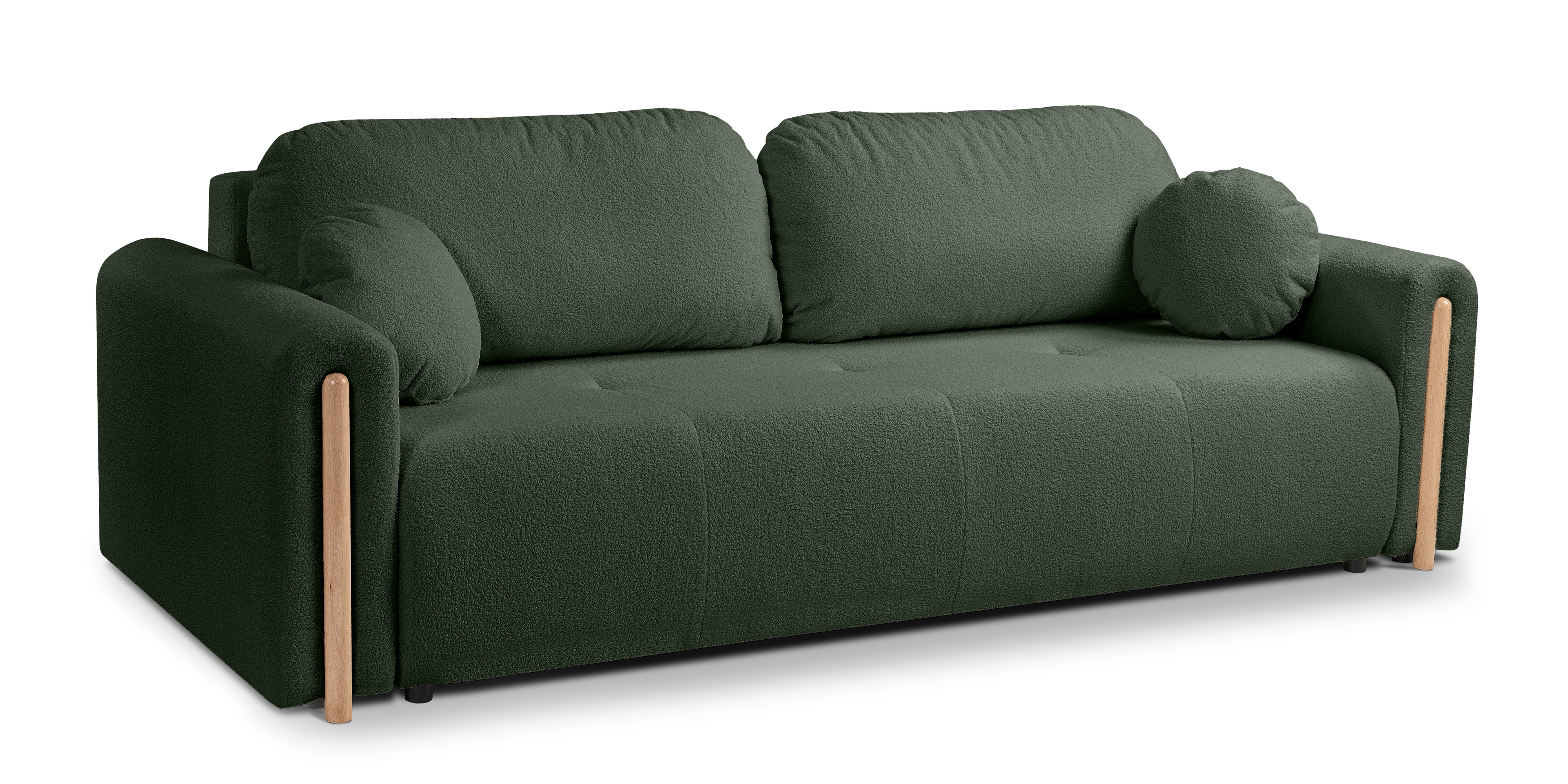 Sofa rozkładana Trenza z pojemnikiem, zaokrąglona, ciemnozielona, boucle