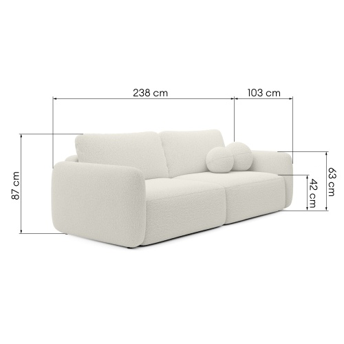 Sofa rozkładana Botse kremowa z pojemnikiem, obłe kształty, boucle