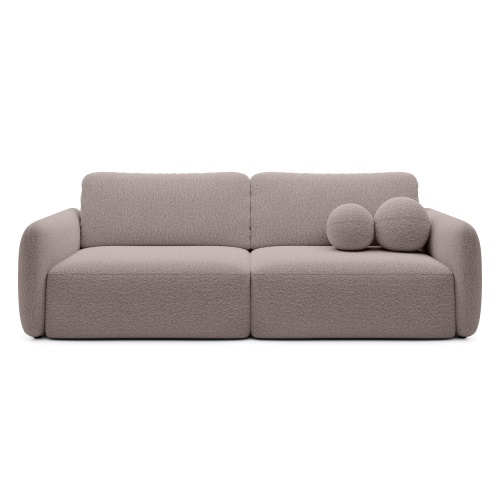 Sofa rozkładana Botse brązowoszara z pojemnikiem, obłe kształty, boucle