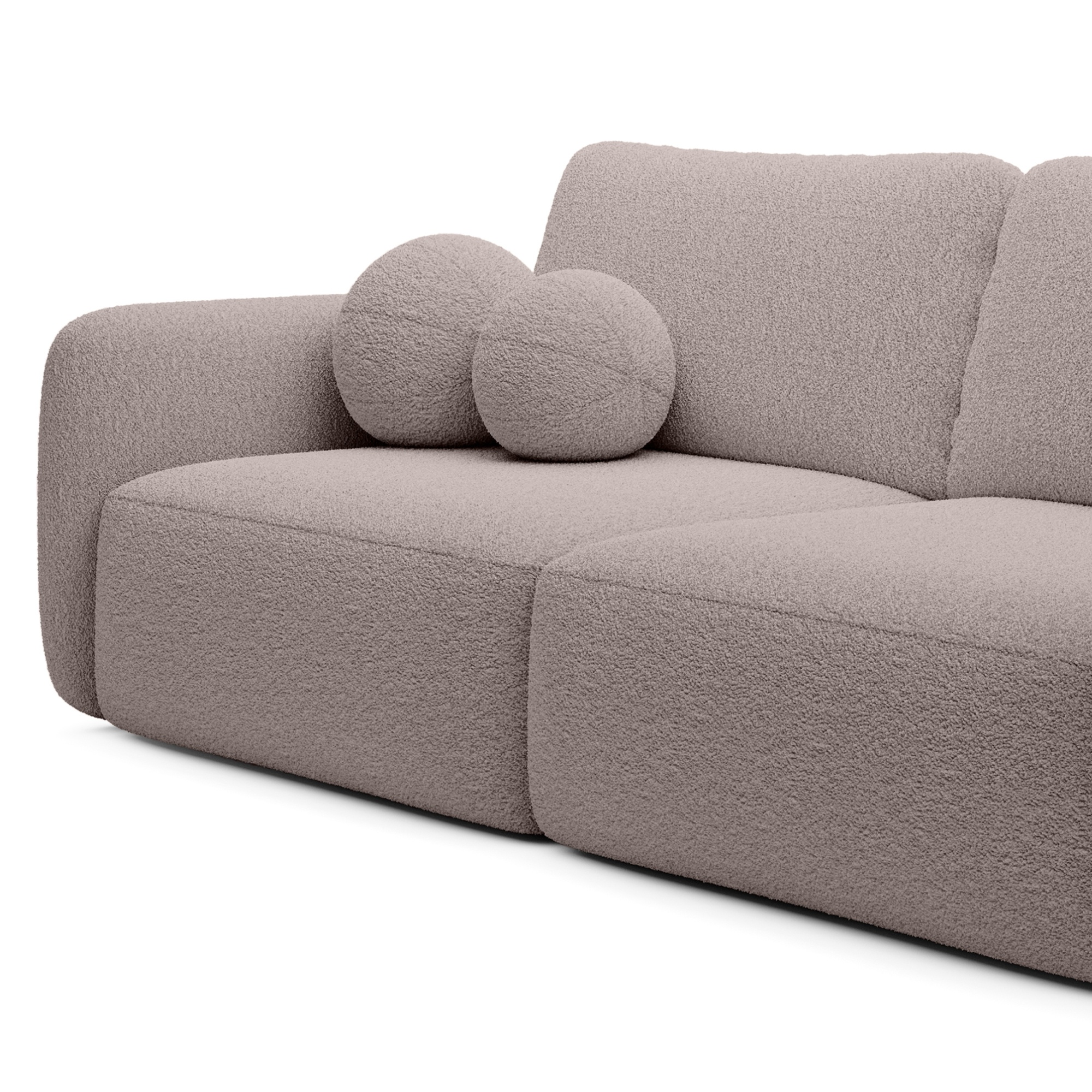 Sofa rozkładana Botse brązowoszara z pojemnikiem, obłe kształty, boucle