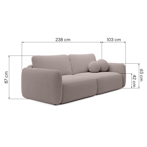 Sofa rozkładana Botse brązowoszara z pojemnikiem, obłe kształty, boucle