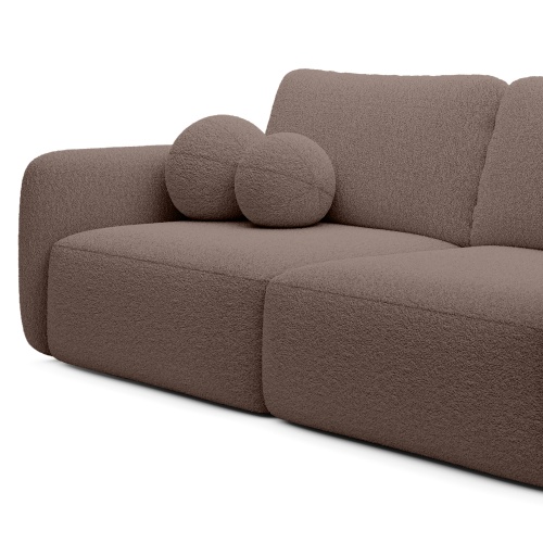 Sofa rozkładana Botse brązowa z pojemnikiem, obłe kształty, boucle