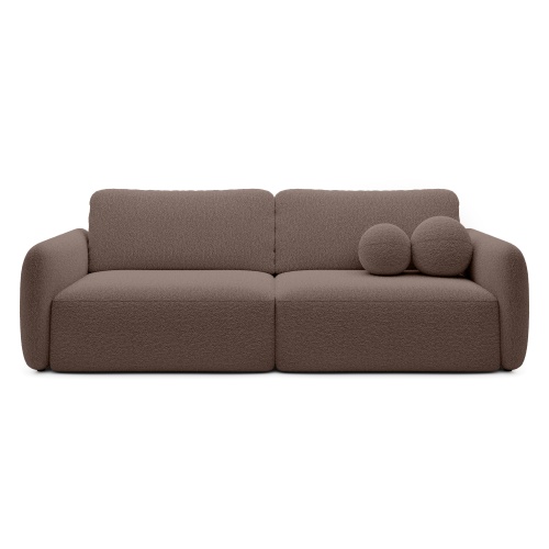 Sofa rozkładana Botse brązowa z pojemnikiem, obłe kształty, boucle