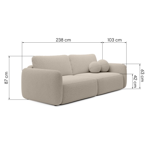 Sofa rozkładana Botse jasnobeżowa z pojemnikiem, obłe kształty, boucle