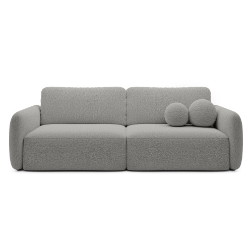 Sofa rozkładana Botse jasnoszara z pojemnikiem, obłe kształty, boucle