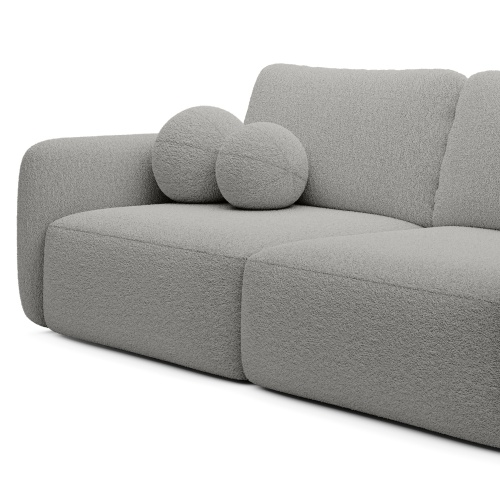 Sofa rozkładana Botse jasnoszara z pojemnikiem, obłe kształty, boucle