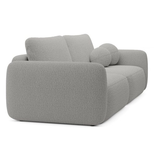 Sofa rozkładana Botse jasnoszara z pojemnikiem, obłe kształty, boucle