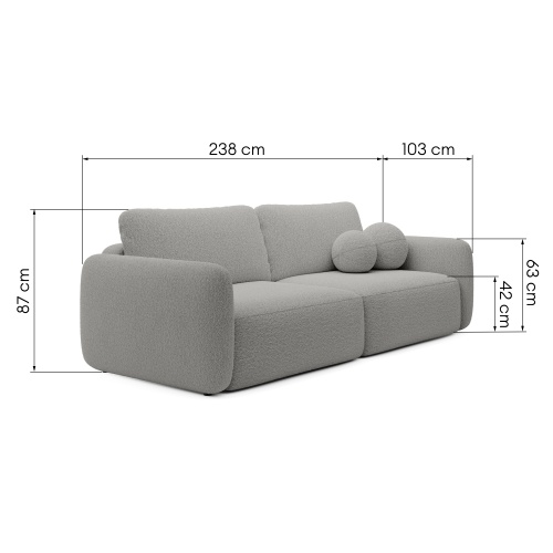 Sofa rozkładana Botse jasnoszara z pojemnikiem, obłe kształty, boucle