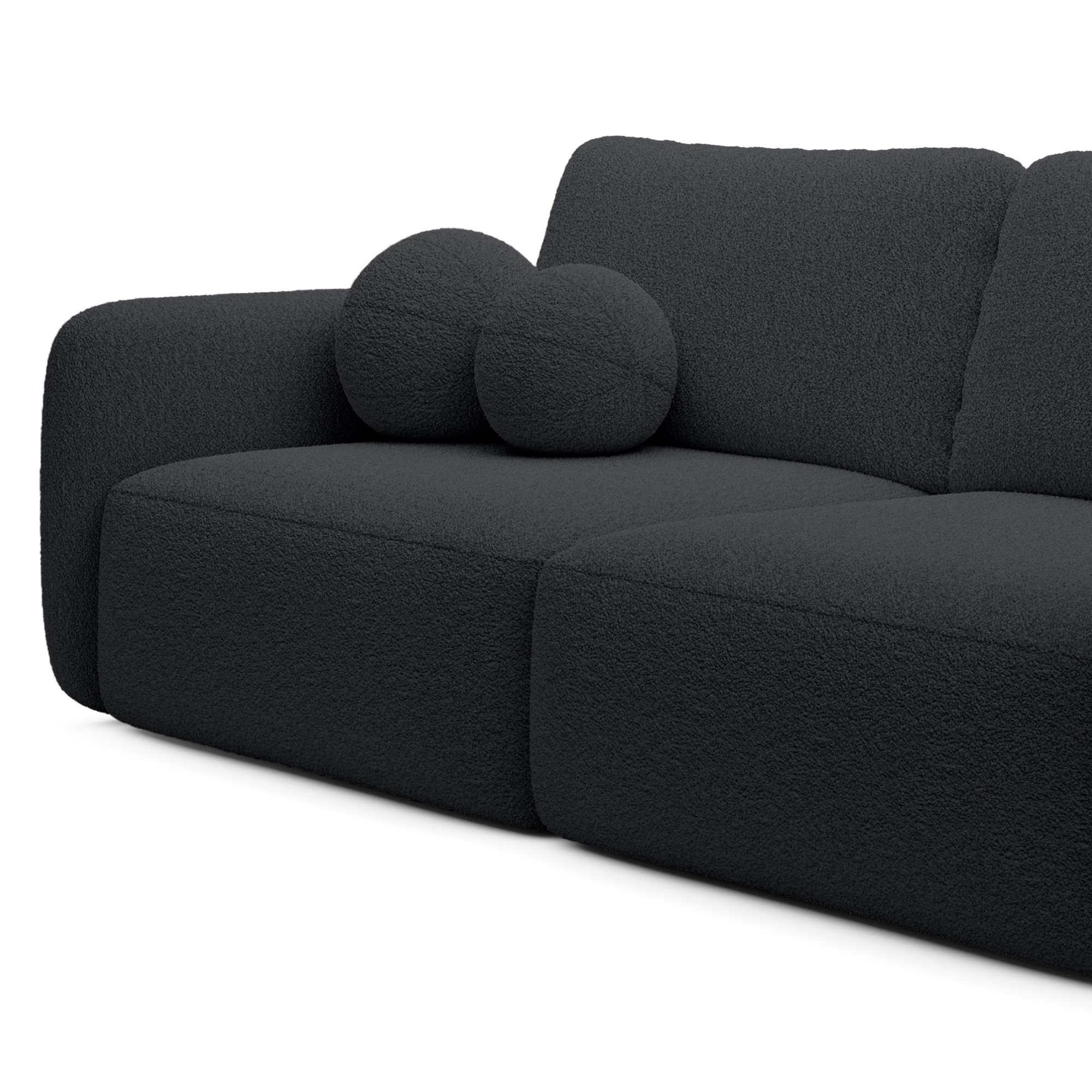 Sofa rozkładana Botse czarna z pojemnikiem, obłe kształty, boucle