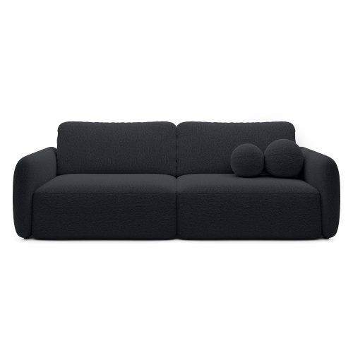 Sofa rozkładana Botse czarna z pojemnikiem, obłe kształty, boucle