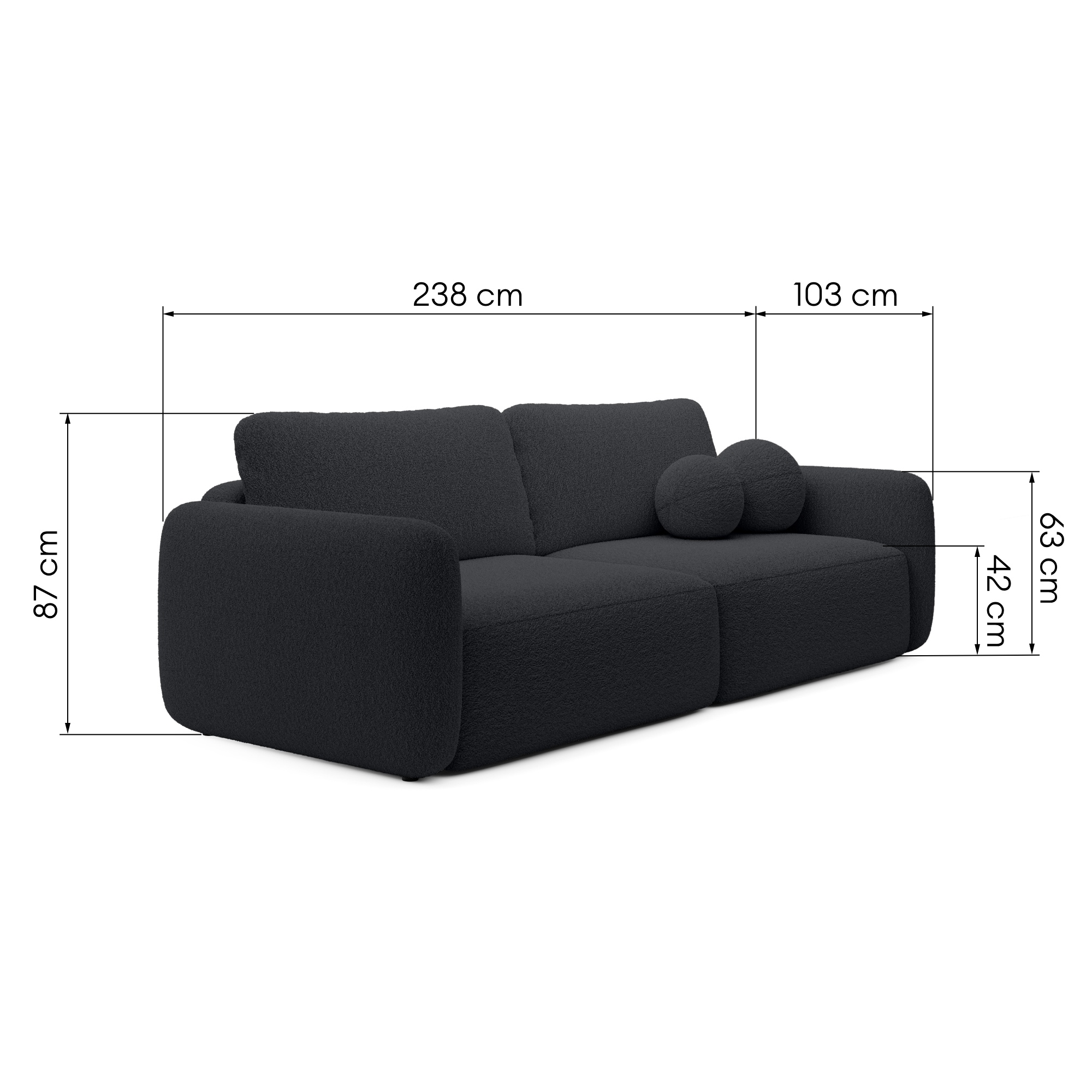 Sofa rozkładana Botse czarna z pojemnikiem, obłe kształty, boucle