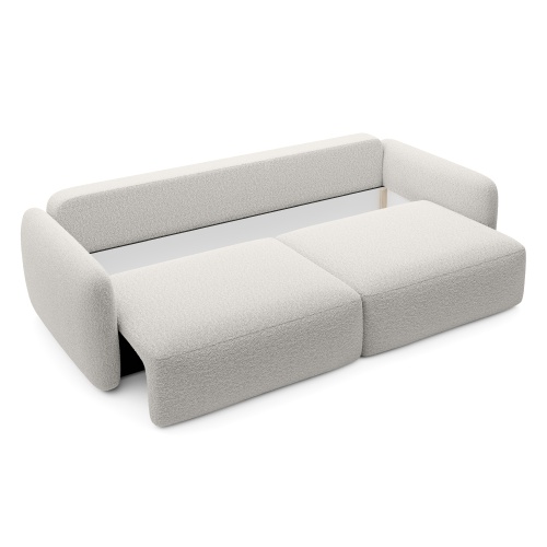 Sofa rozkładana Botse ecru z pojemnikiem, obłe kształty, boucle