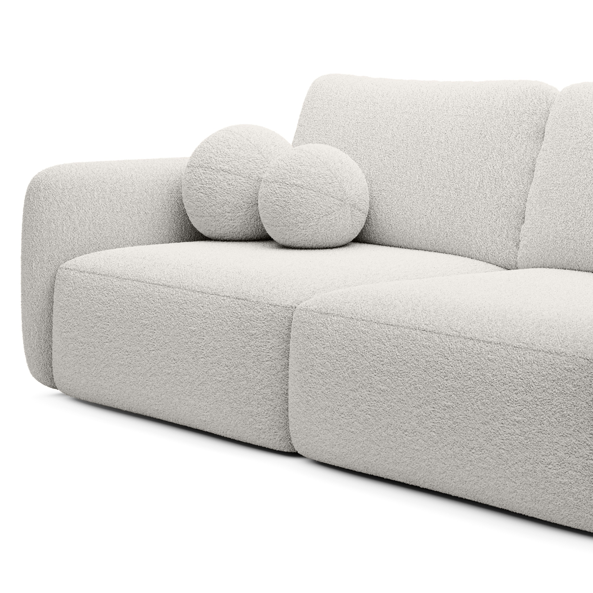 Sofa rozkładana Botse ecru z pojemnikiem, obłe kształty, boucle