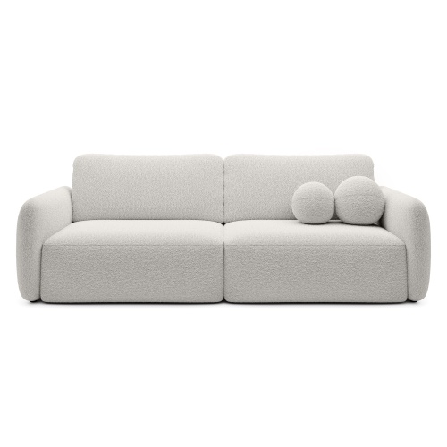 Sofa rozkładana Botse ecru z pojemnikiem, obłe kształty, boucle