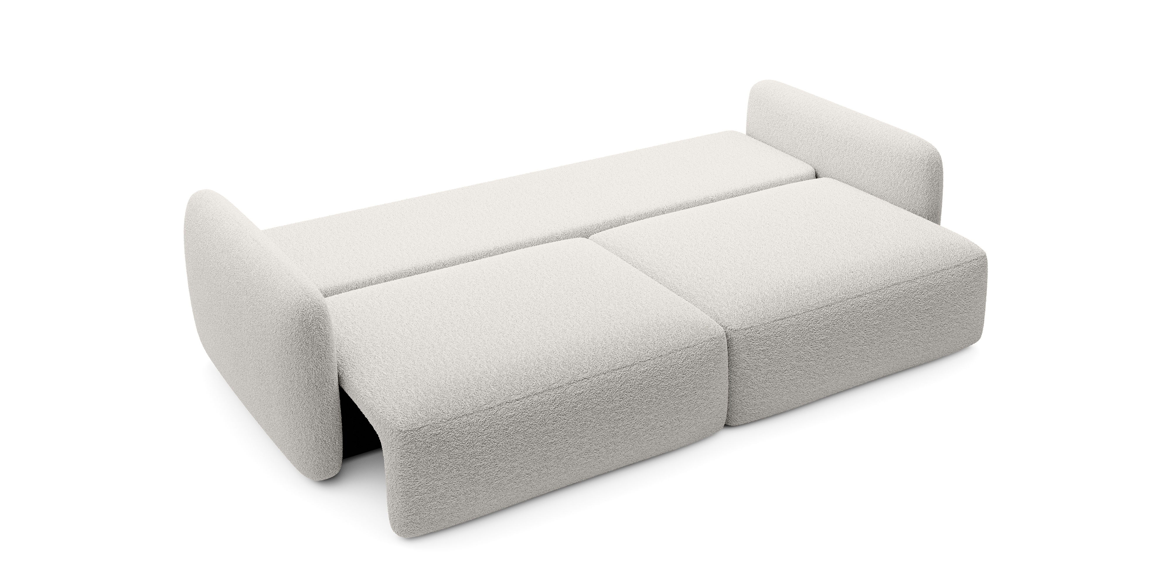 Sofa rozkładana Botse ecru z pojemnikiem, obłe kształty, boucle