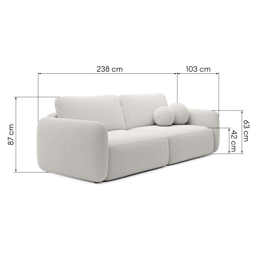 Sofa rozkładana Botse ecru z pojemnikiem, obłe kształty, boucle