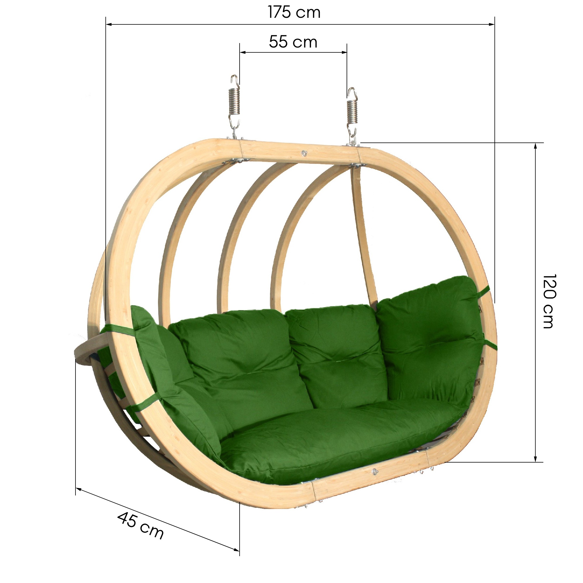Drewniany fotel wiszący z poduchami w kolorze zieleni